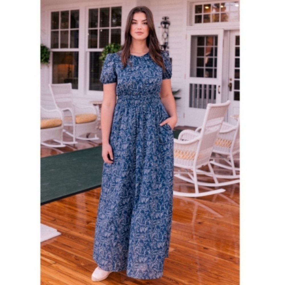 Gal Meets Glam Giselle Floral Botanical Maxi Dress Navy Ivory